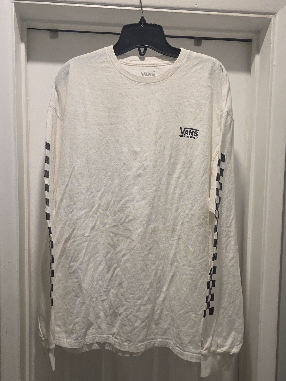 Vans White Long Sleeve Tee with Black Checkerboard Sleeves